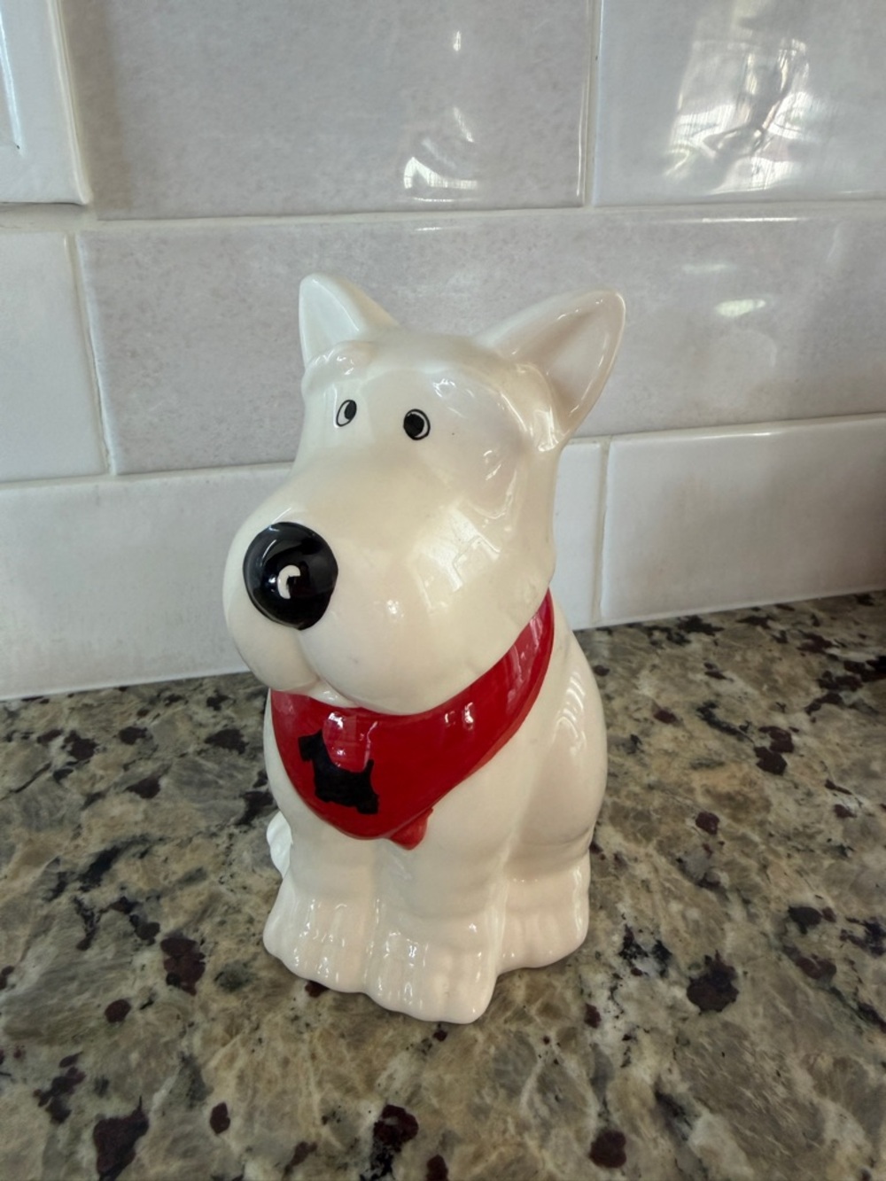 White Ceramic Scottie Dog Jar with Red Scarf-6”